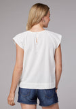 WOMENS SHORT SLEEVE PULLOVER COTTON RAYON FLEX SHORT SLEEVE PEASANT TOP WITH FLUTTER RAGLAN SLEEVES EMBROIDERY