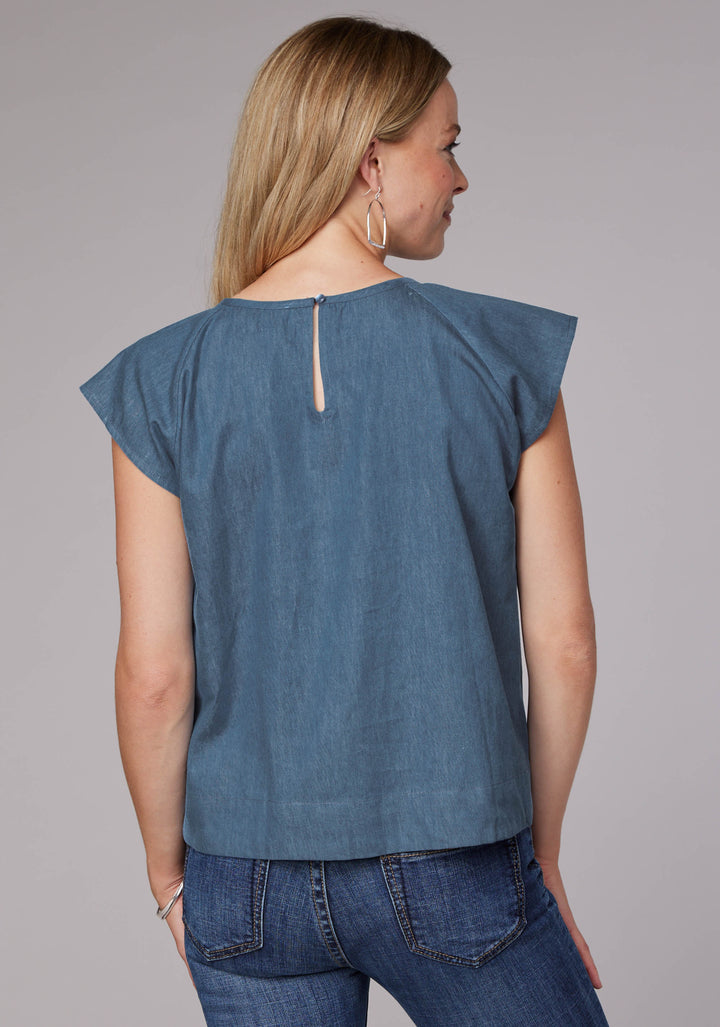 WOMENS SHORT SLEEVE PULLOVER MED BLUE DENIM SHORT SLEEVE PEASANT BLOUSE WITH FLUTTER RAGLAN SLEEVES EMBROIDERY
