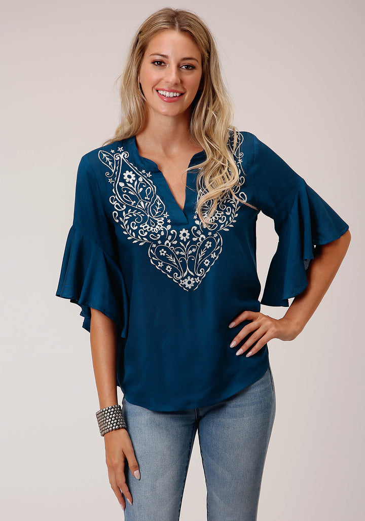 WOMENS RAYON CHALLIS PEASANT SHORT SLEEVE WESTERN SHIRT
