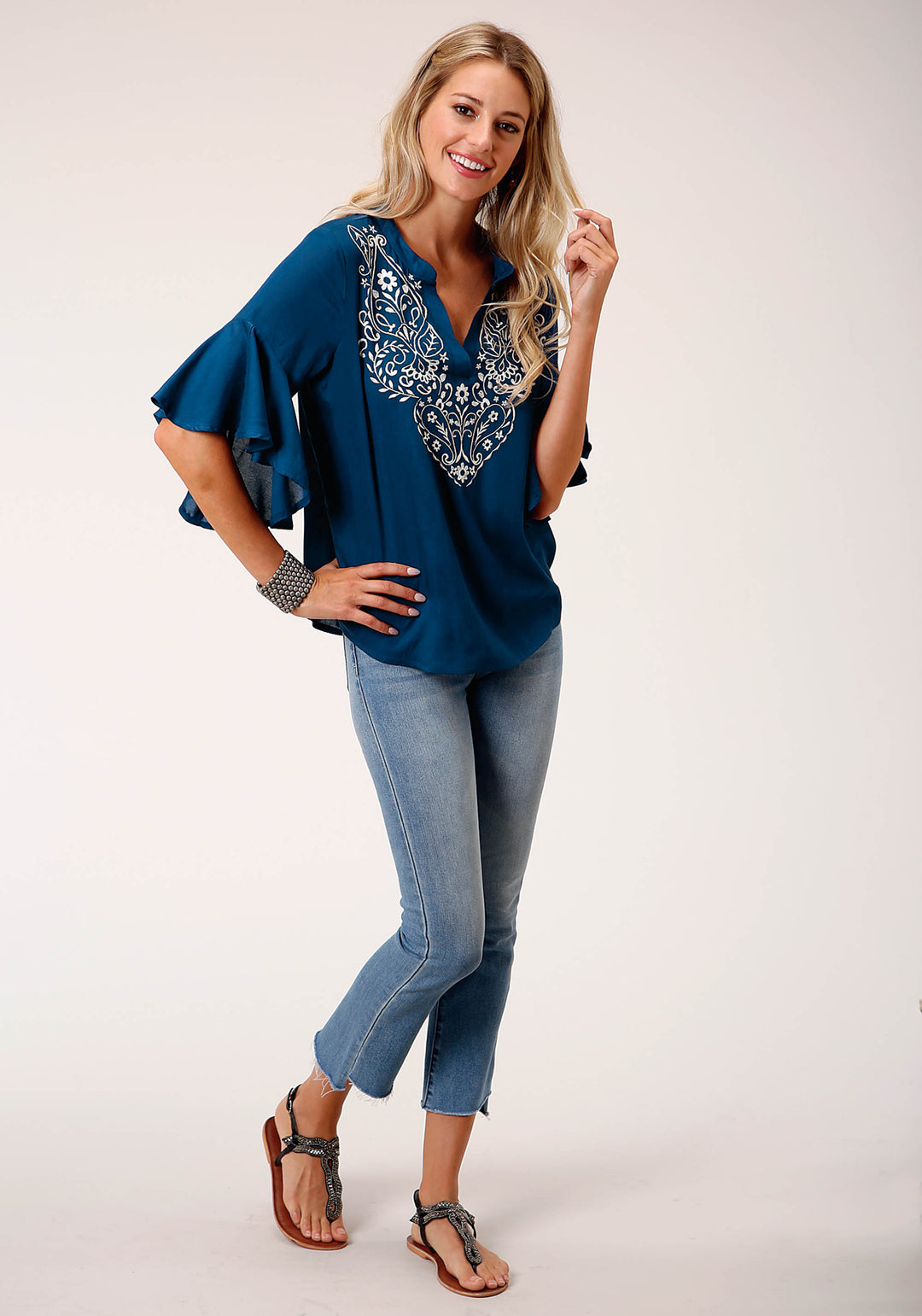 WOMENS RAYON CHALLIS PEASANT SHORT SLEEVE WESTERN SHIRT
