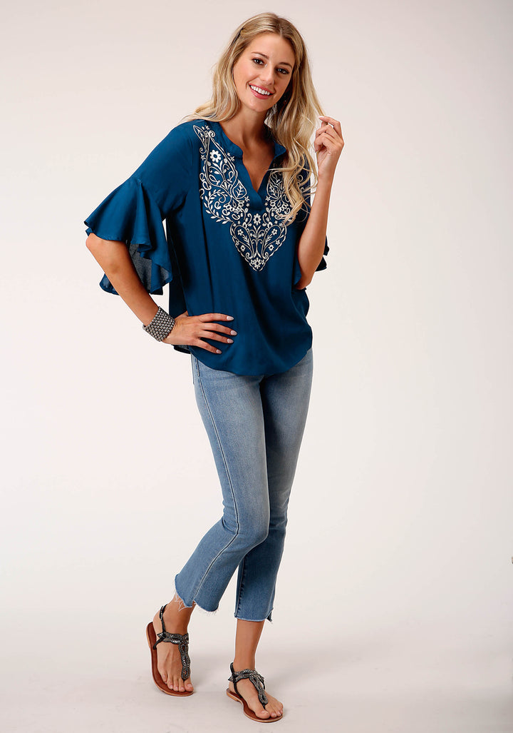 WOMENS RAYON CHALLIS PEASANT SHORT SLEEVE WESTERN SHIRT