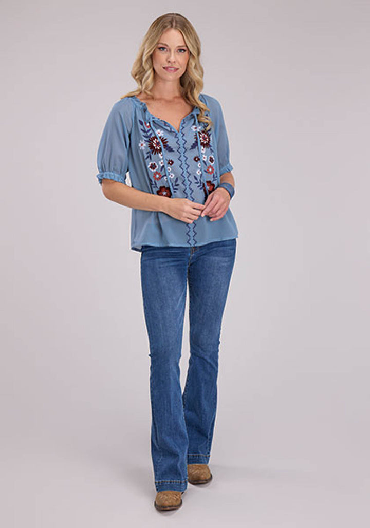 WOMENS POLY GEORGETTE BLOUSE SHORT SLEEVE PULLOVER WESTERN SHIRT