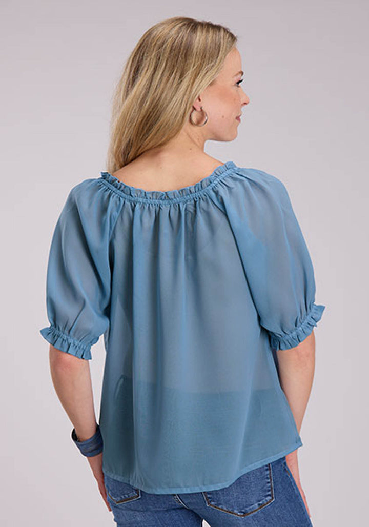 WOMENS POLY GEORGETTE BLOUSE SHORT SLEEVE PULLOVER WESTERN SHIRT