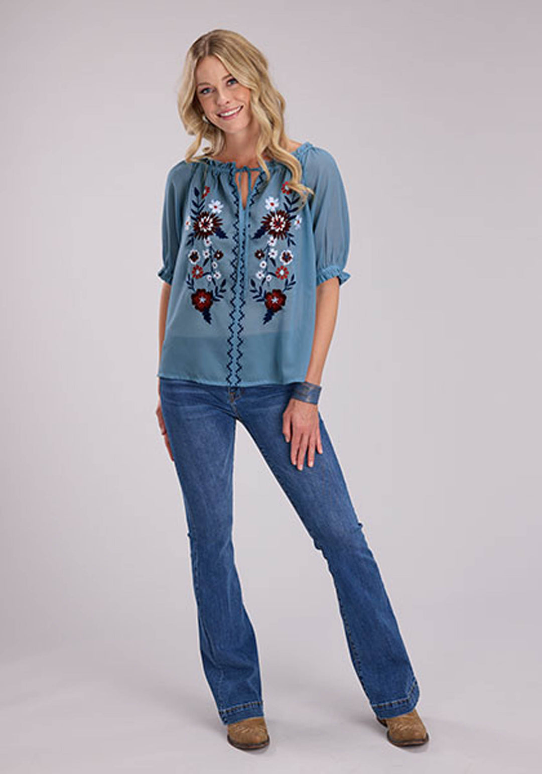 WOMENS POLY GEORGETTE BLOUSE SHORT SLEEVE PULLOVER WESTERN SHIRT