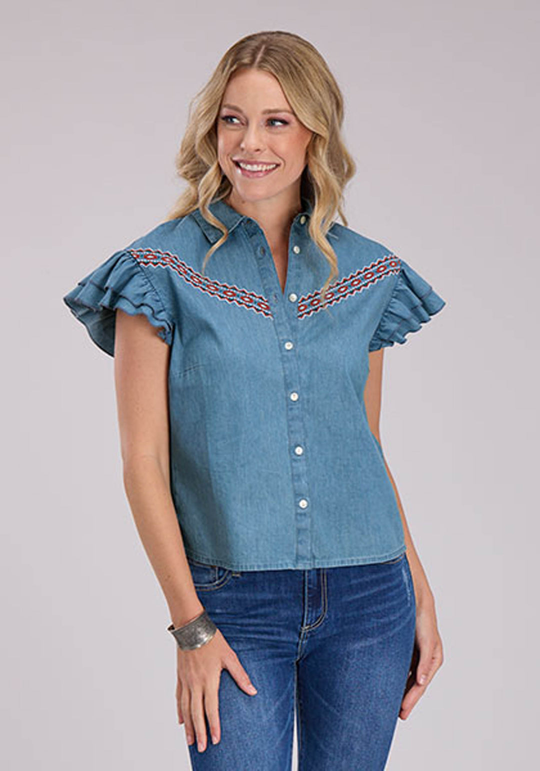 WOMENS COTTON DENIM BLOUSE SHORT SLEEVE BUTTON WESTERN SHIRT