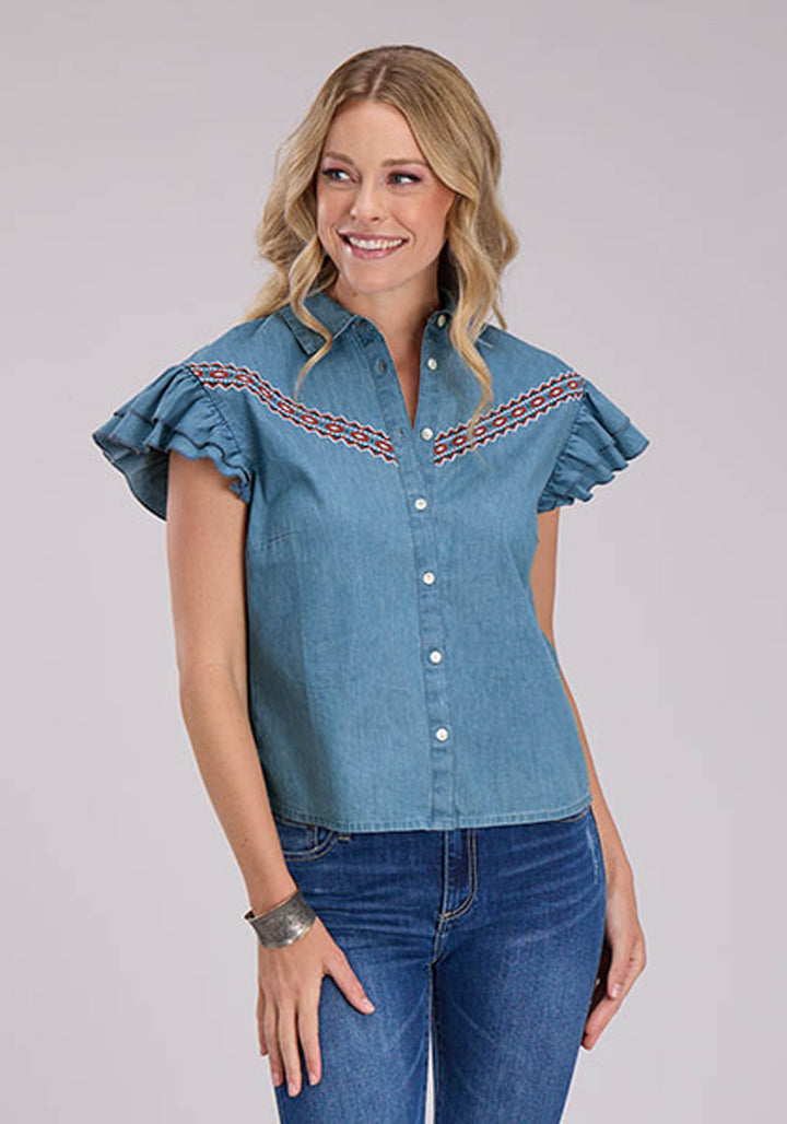 WOMENS COTTON DENIM BLOUSE SHORT SLEEVE BUTTON WESTERN SHIRT