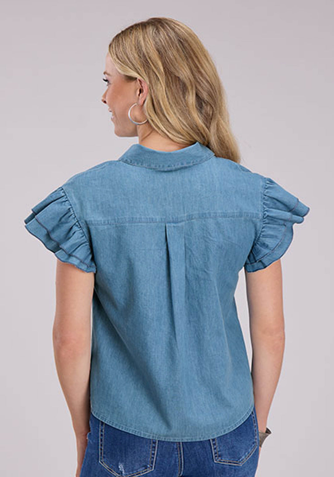 WOMENS COTTON DENIM BLOUSE SHORT SLEEVE BUTTON WESTERN SHIRT