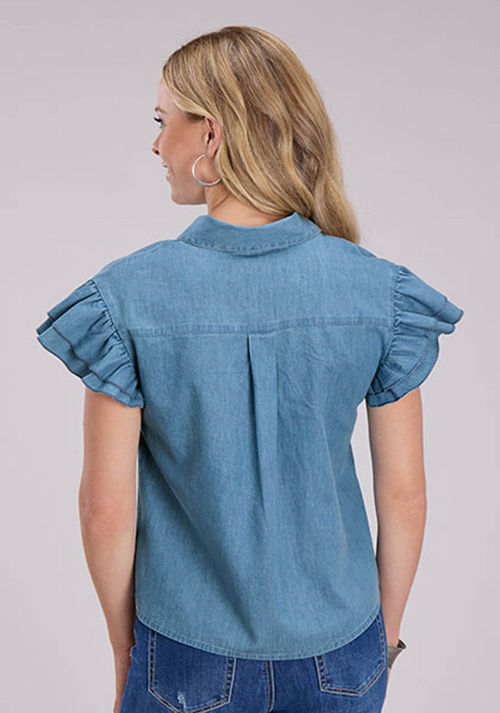 WOMENS COTTON DENIM BLOUSE SHORT SLEEVE BUTTON WESTERN SHIRT