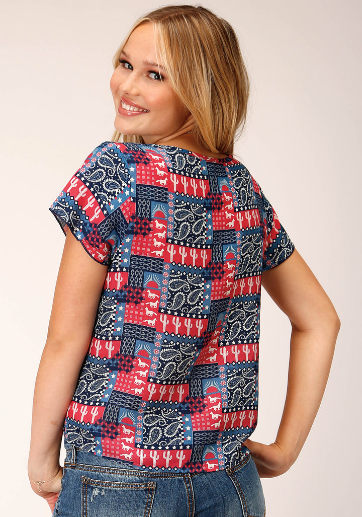 WOMENS SHORT SLEEVE BANDANA PRINT RAYON  BLOUSE