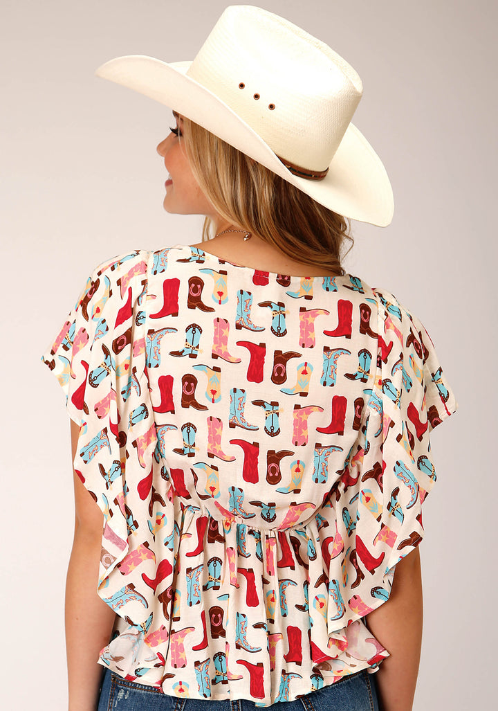 WOMENS SHORT SLEEVE BOOT PRINT RAYON PRAIRIE STYLE BLOUSE
