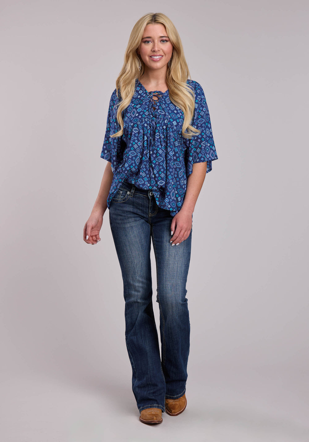 WOMENS ROPER BLUE AZTEC PEASANT BLOUSE