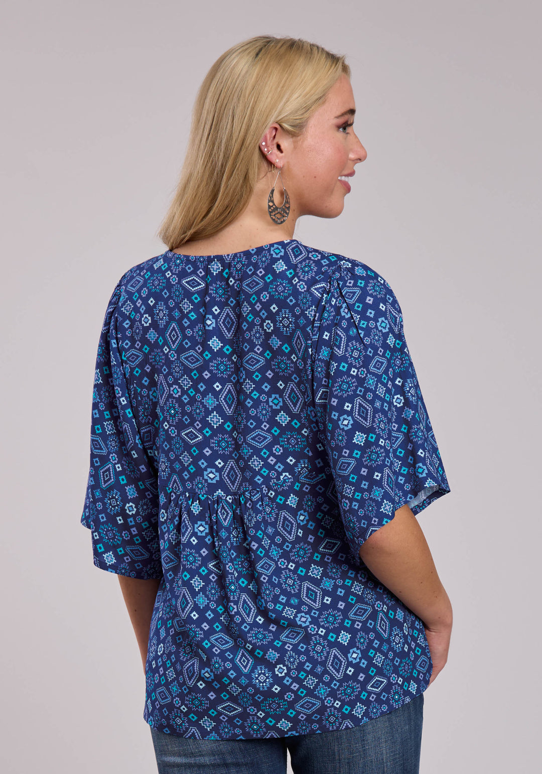 WOMENS ROPER BLUE AZTEC PEASANT BLOUSE