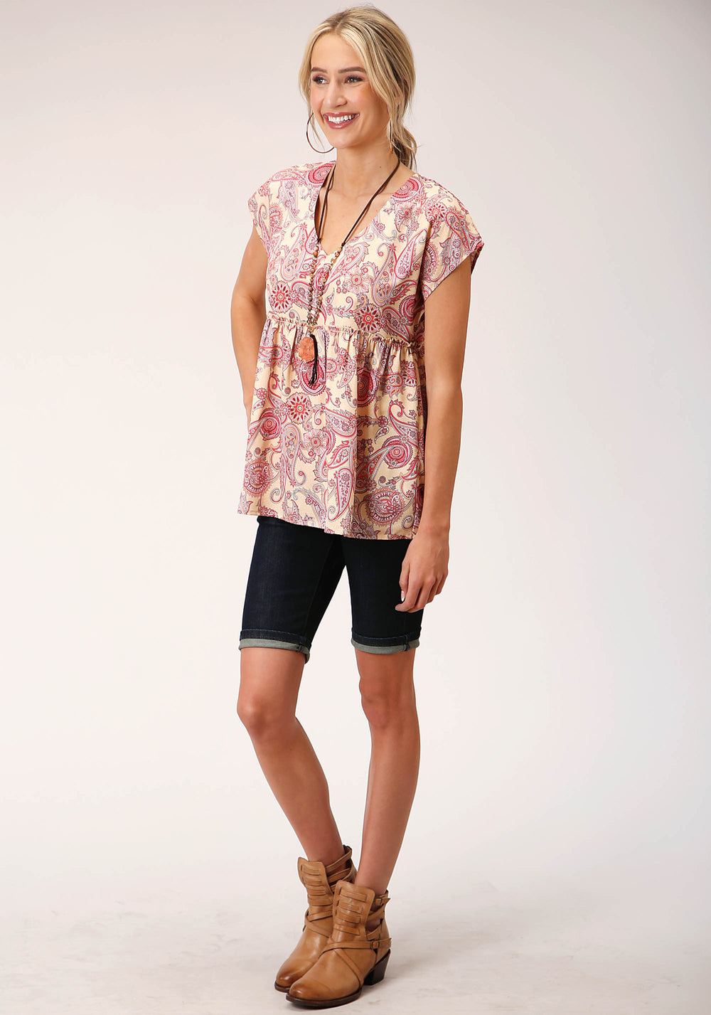 WOMENS SHORT SLEEVE SPRING PAISLEY PRINT POLY CREPE BLOUSE