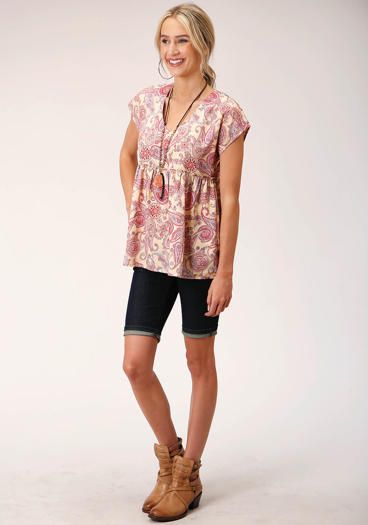 WOMENS SHORT SLEEVE SPRING PAISLEY PRINT POLY CREPE BLOUSE