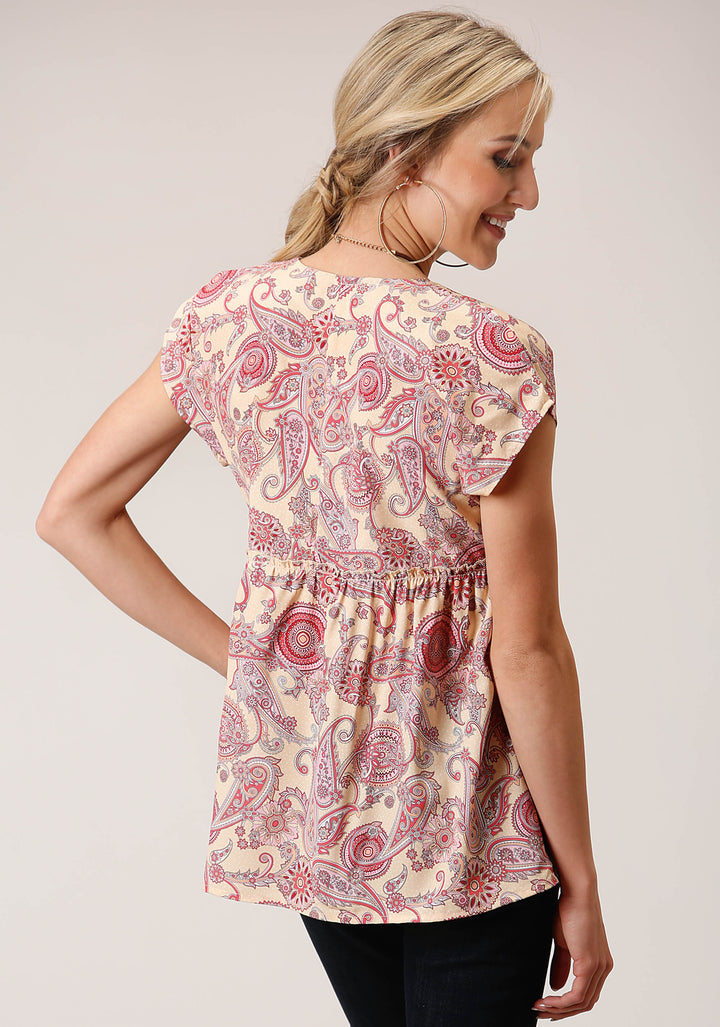WOMENS SHORT SLEEVE SPRING PAISLEY PRINT POLY CREPE BLOUSE