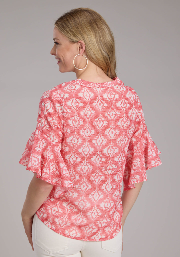 WOMENS IKAT AZTEC PRINT POLYESTER BLOUSE SHORT SLEEVE PULLOVER WESTERN SHIRT