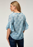 WOMENS SHORT SLEEVE PULLOVER IKAT CHEVERON PRINT POLY BLOUSE WITH V NECK PLACKET AND CIRCULAR RUFFLE CUFFS