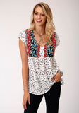 WOMENS WHITE GROUND MULTICOLORED FLORAL PRINT SHORT SLEEVE WESTERN SHIRT
