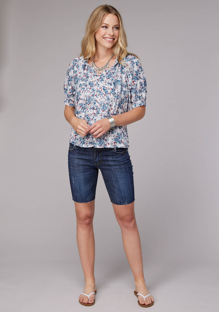WOMENS DITZY FLORAL PRINT RAYON CHALLIS SHORT SLEEVE PULLOVER WESTERN SHIRT