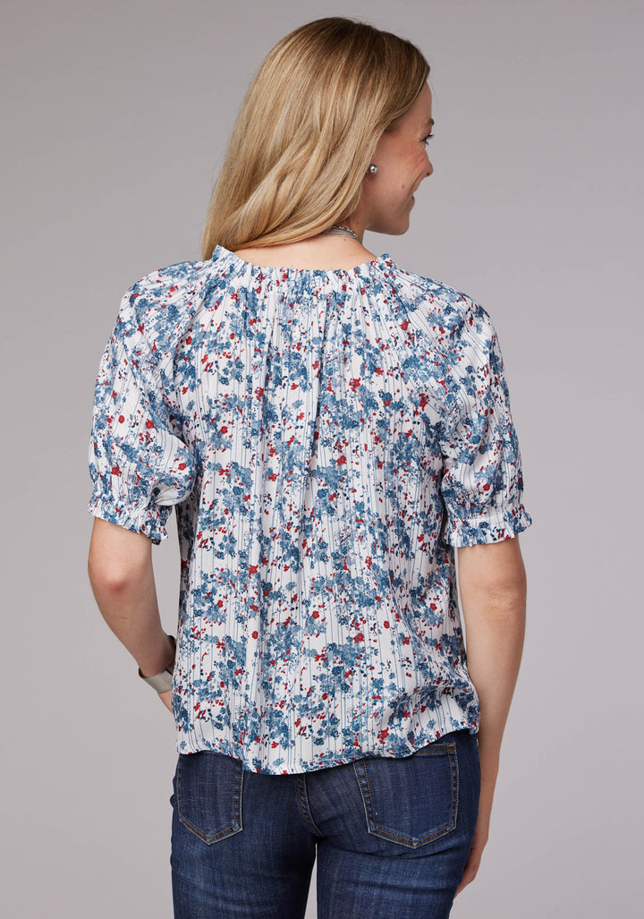 WOMENS DITZY FLORAL PRINT RAYON CHALLIS SHORT SLEEVE PULLOVER WESTERN SHIRT