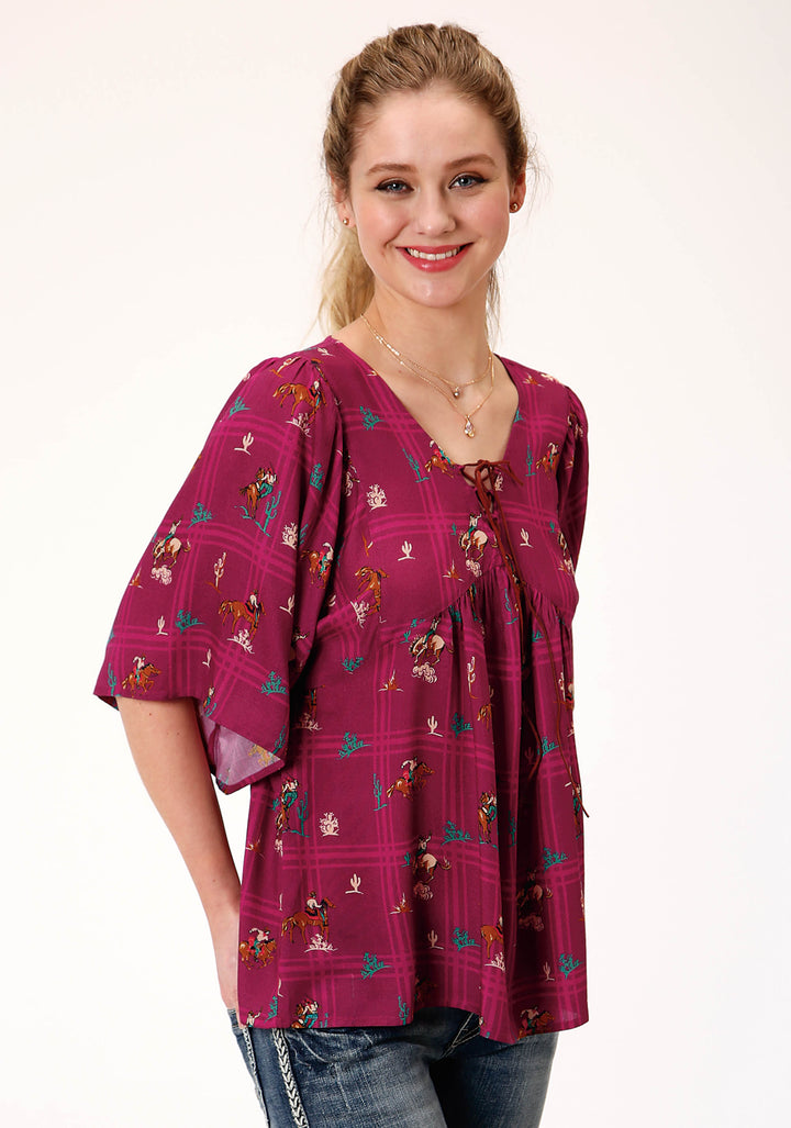 WOMENS RED RETRO COWBOYS PRINT SHORT SLEEVE WESTERN SHIRT