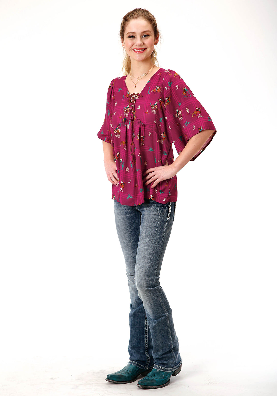 WOMENS RED RETRO COWBOYS PRINT SHORT SLEEVE WESTERN SHIRT