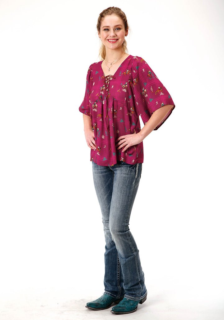 WOMENS RED RETRO COWBOYS PRINT SHORT SLEEVE WESTERN SHIRT