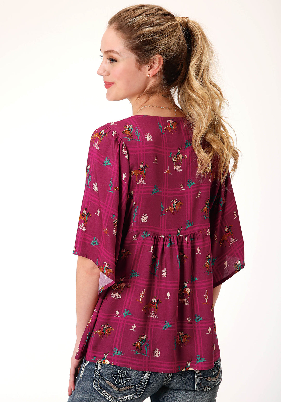 WOMENS RED RETRO COWBOYS PRINT SHORT SLEEVE WESTERN SHIRT