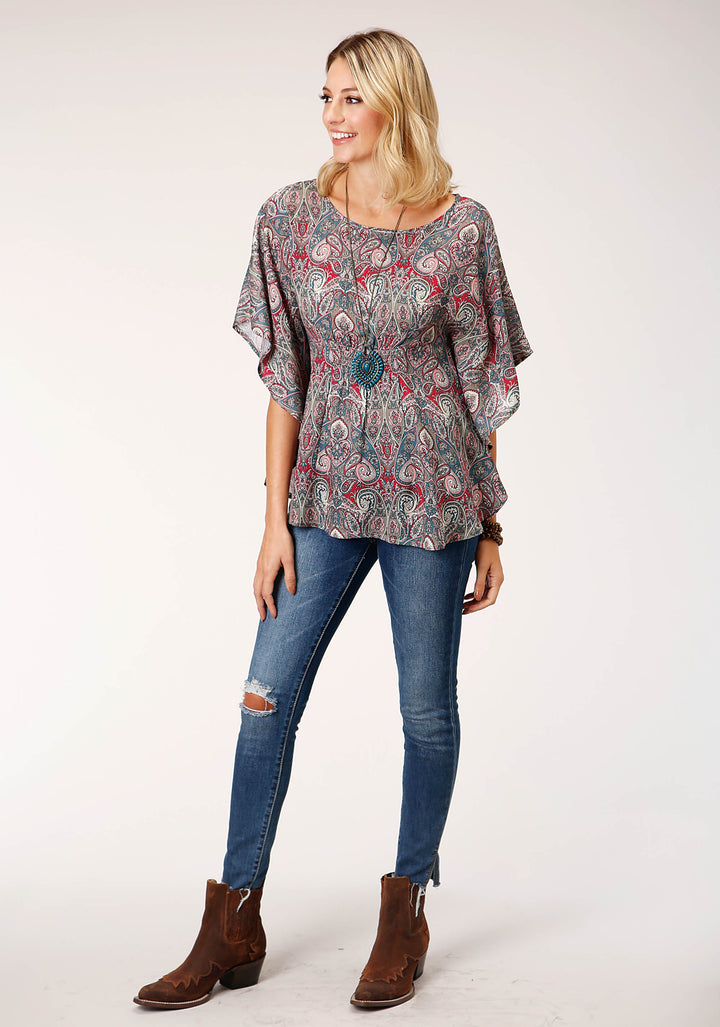 WOMENS SHORT SLEEVE SAGE PAISLEY PRINT RAYON BLOUSE
