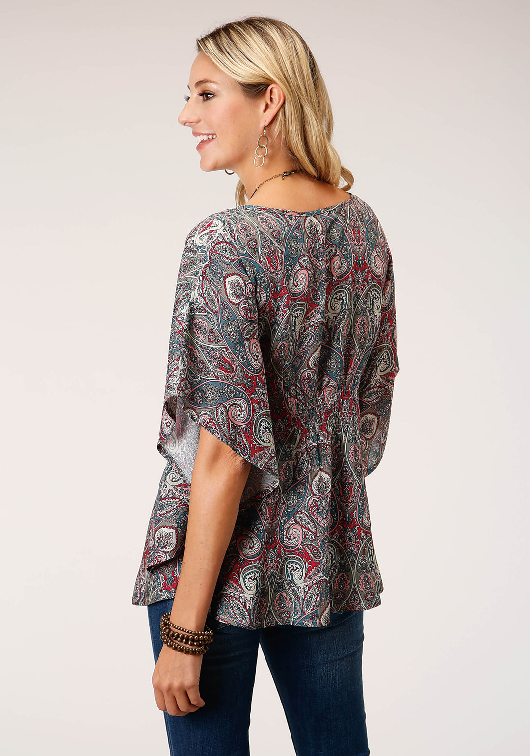 WOMENS SHORT SLEEVE SAGE PAISLEY PRINT RAYON BLOUSE