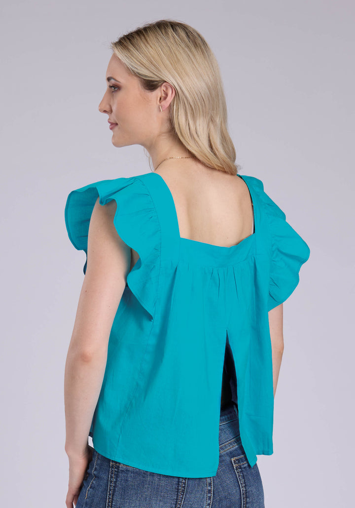 WOMENS TURQUOISE COTTON BLOUSE SHORT SLEEVE PULLOVER WESTERN SHIRT