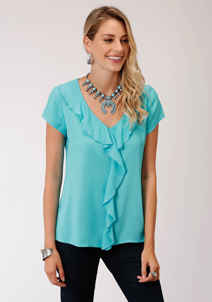 WOMENS SOLID TURQOISE  SHORT SLEEVE WESTERN SHIRT