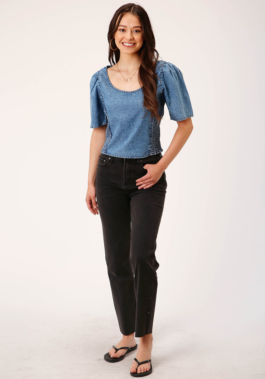 WOMENS SHORT SLEEVE MEDIUM BLUE SHORT SLEEVE  DENIM BLOUSE