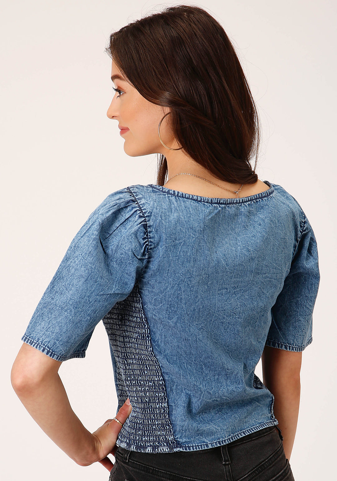 WOMENS SHORT SLEEVE MEDIUM BLUE SHORT SLEEVE  DENIM BLOUSE