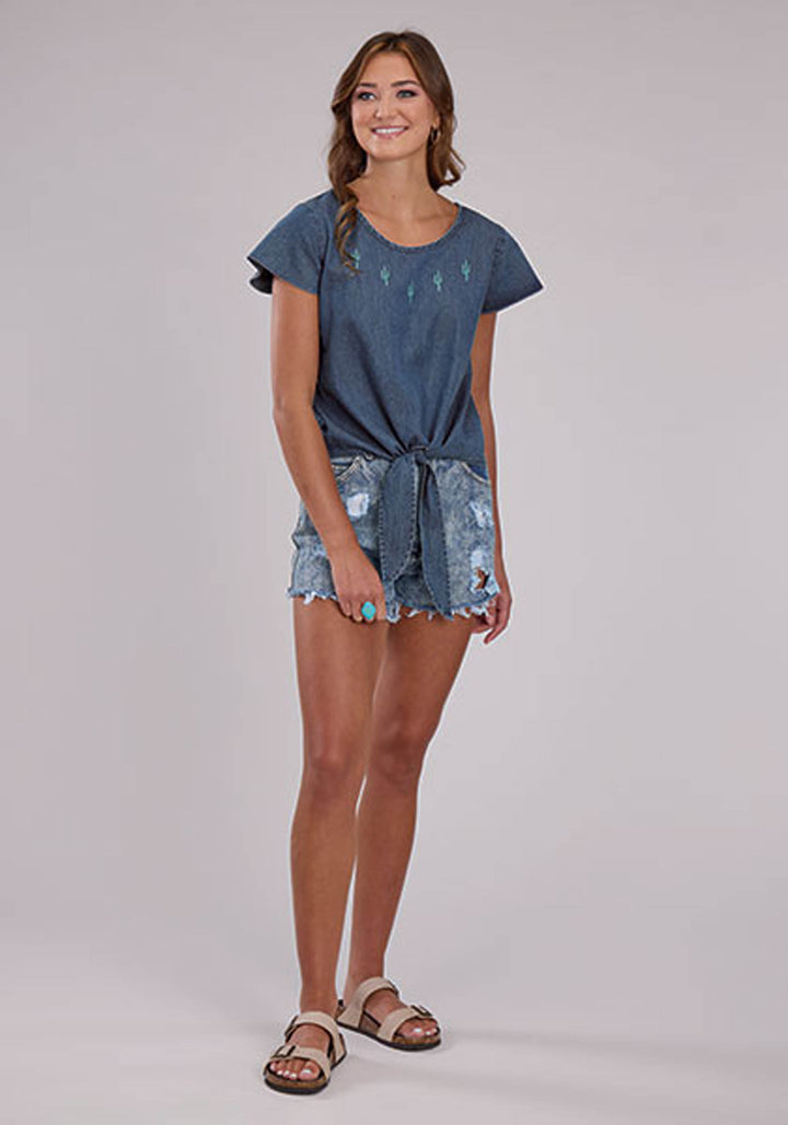 WOMENS DENIM SHORT FLUTTER SLEEVE BLOUSE SHORT SLEEVE PULLOVER WESTERN SHIRT