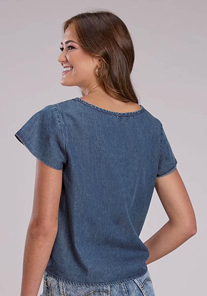 WOMENS DENIM SHORT FLUTTER SLEEVE BLOUSE SHORT SLEEVE PULLOVER WESTERN SHIRT