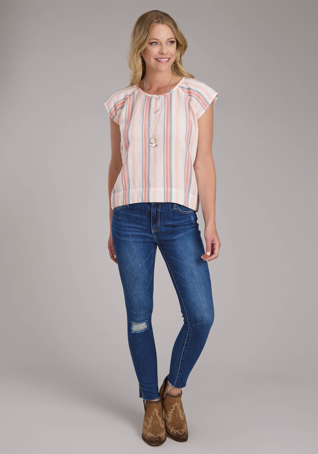 WOMENS STRIPED DOUBLE CLOTH SS PEASANT SHORT SLEEVE PULLOVER WESTERN SHIRT