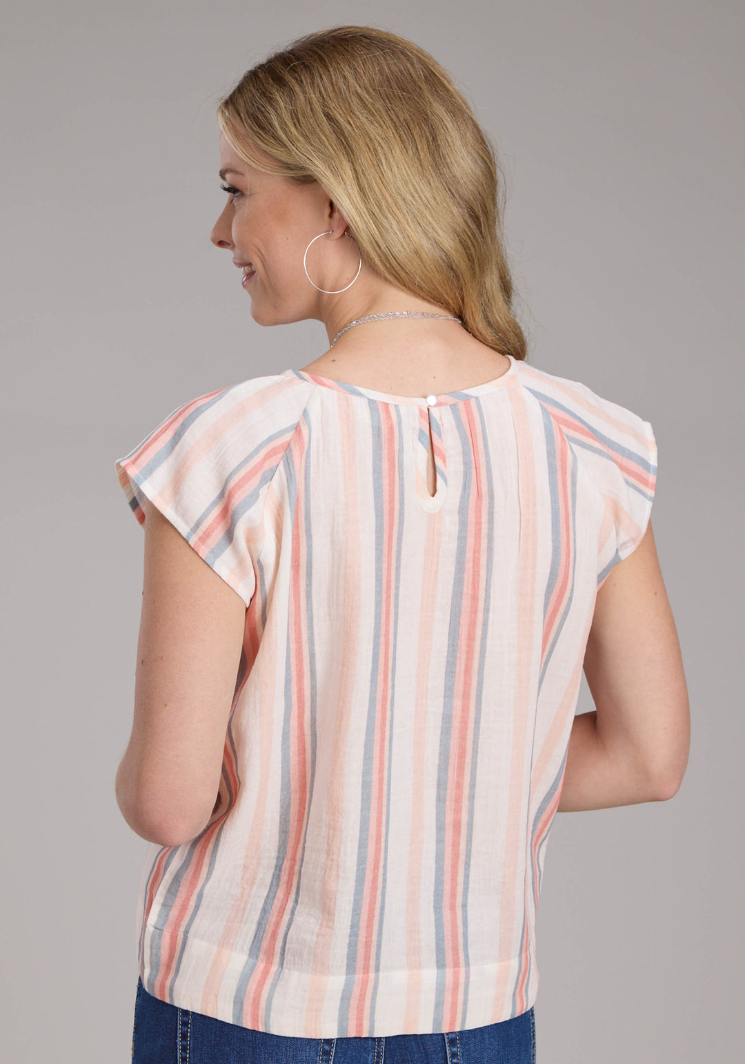 WOMENS STRIPED DOUBLE CLOTH SS PEASANT SHORT SLEEVE PULLOVER WESTERN SHIRT