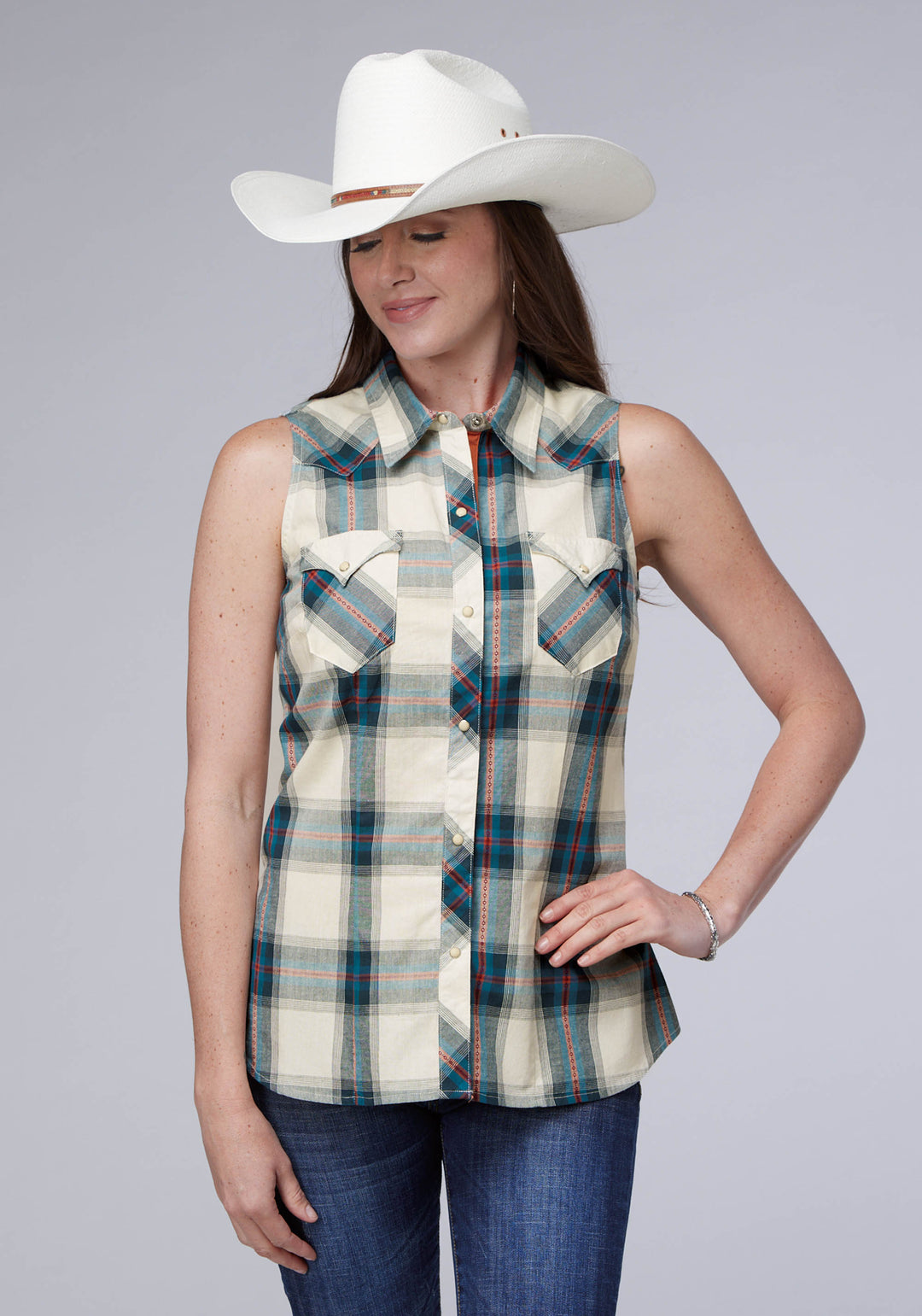 WOMENS TILE PLAID SLEEVELESS SNAP WESTERN SHIRT