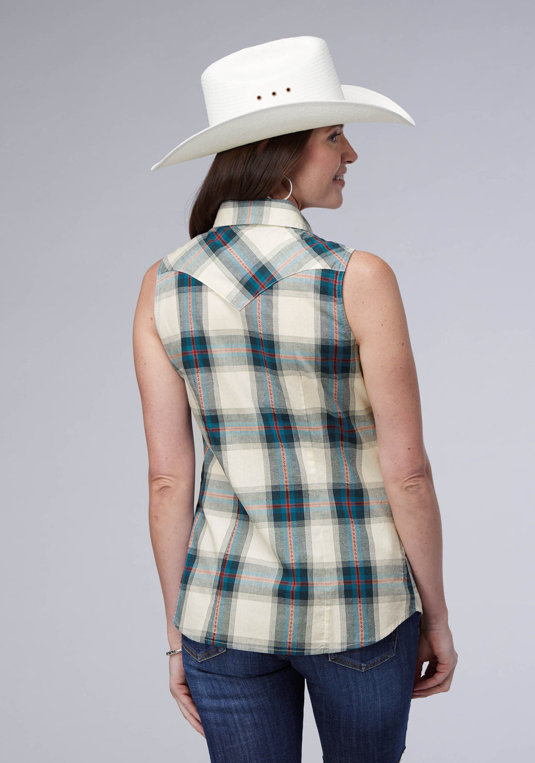 WOMENS TILE PLAID SLEEVELESS SNAP WESTERN SHIRT