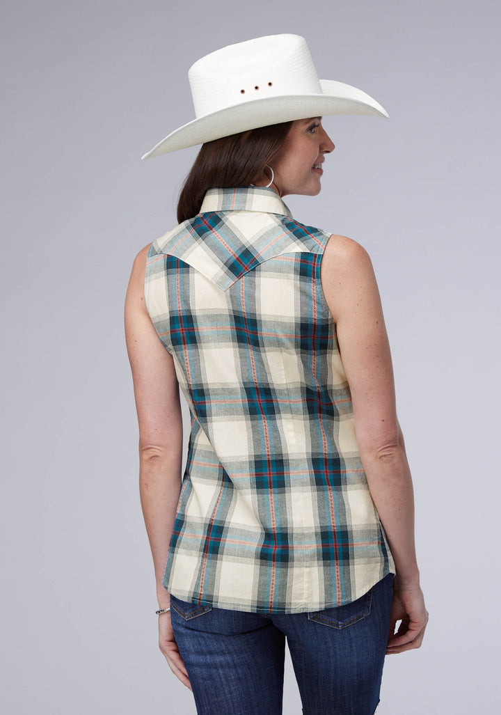WOMENS TILE PLAID SLEEVELESS SNAP WESTERN SHIRT
