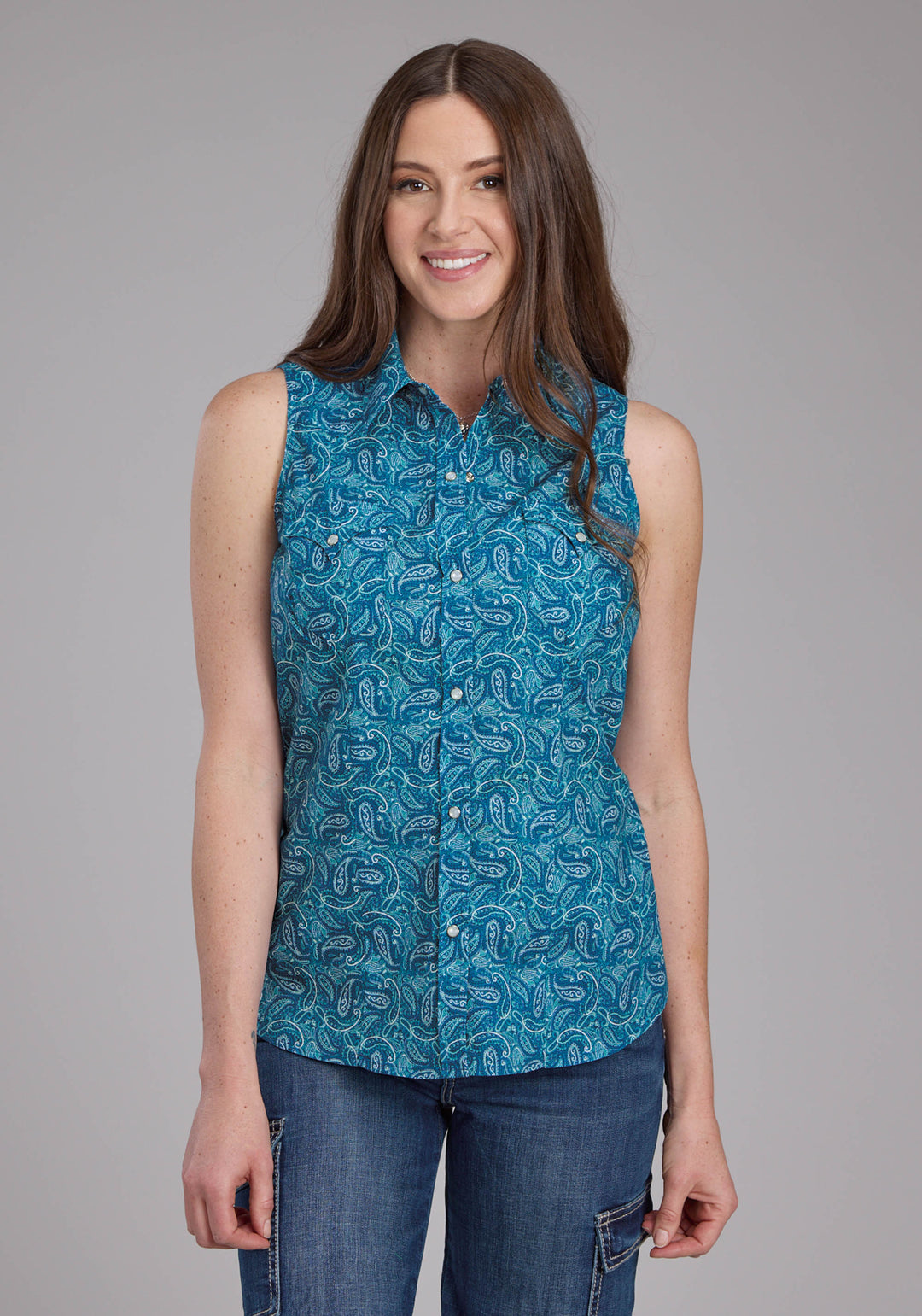 WOMENS DENIM PAISLEY PRINT SLEEVELESS SNAP WESTERN SHIRT