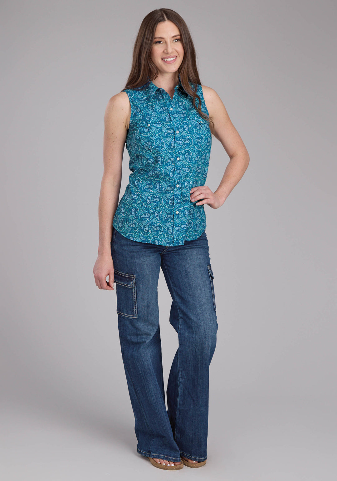 WOMENS DENIM PAISLEY PRINT SLEEVELESS SNAP WESTERN SHIRT