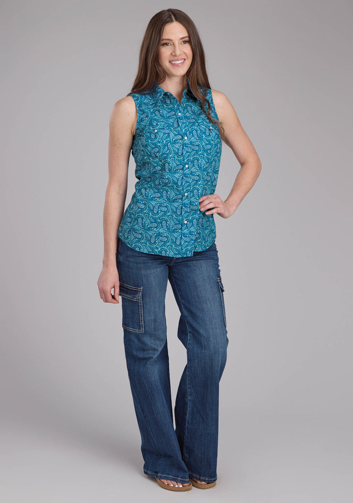 WOMENS DENIM PAISLEY PRINT SLEEVELESS SNAP WESTERN SHIRT