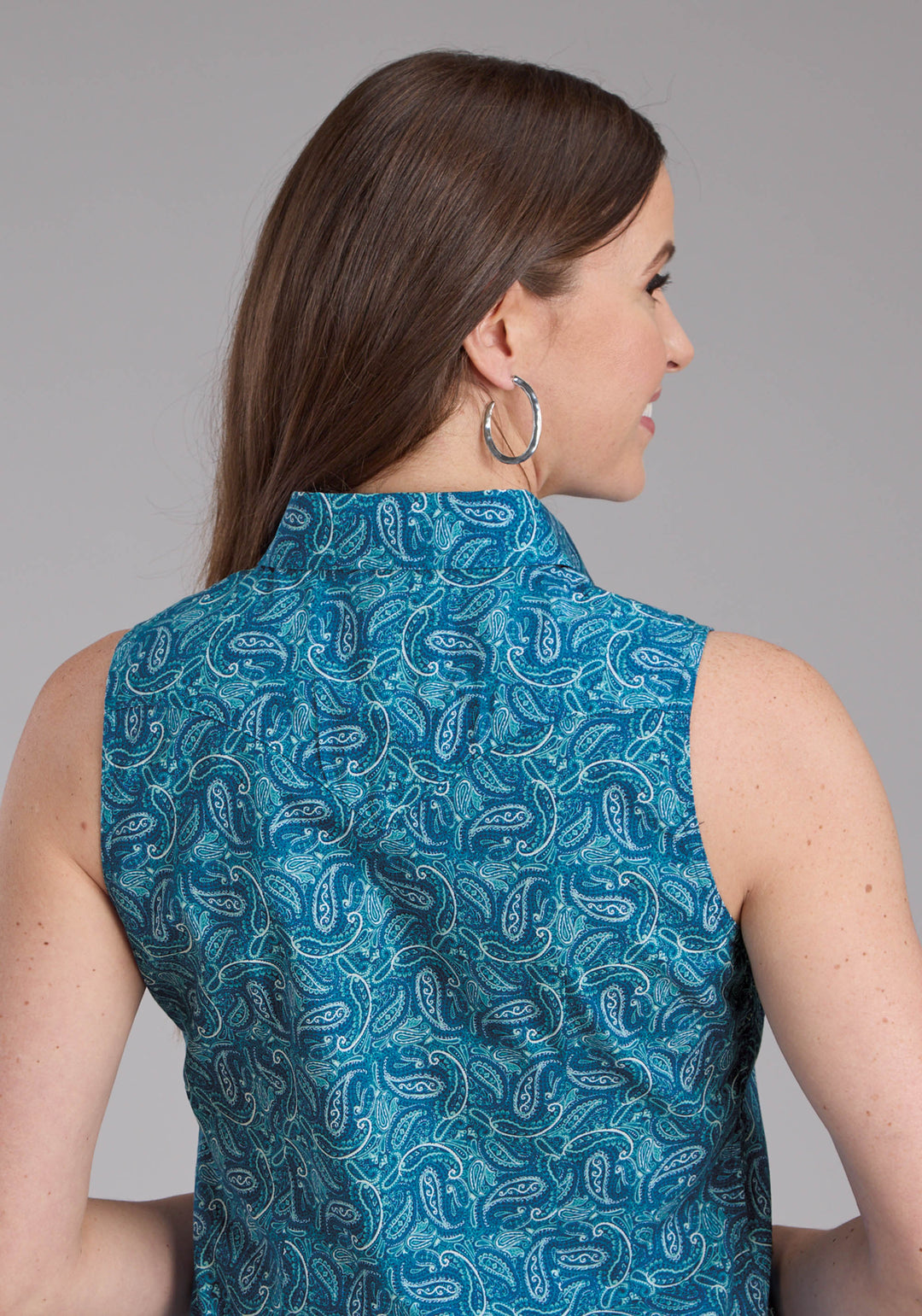 WOMENS DENIM PAISLEY PRINT SLEEVELESS SNAP WESTERN SHIRT