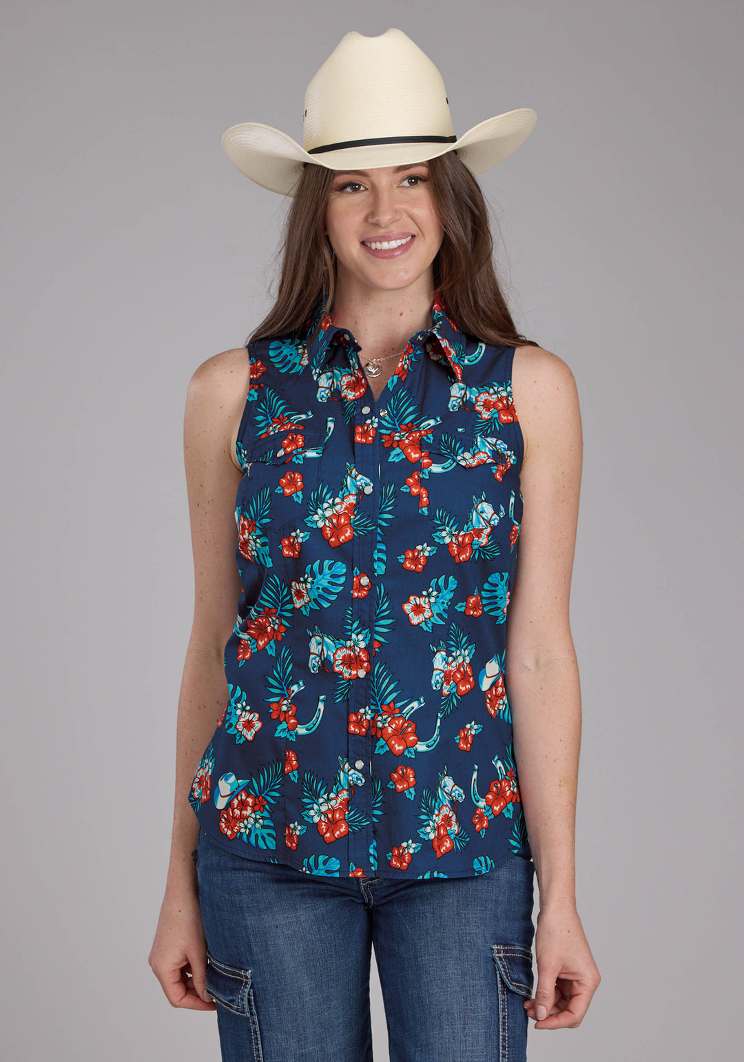 WOMENS HAWAIIAN PRINT SLEEVELESS SNAP WESTERN SHIRT