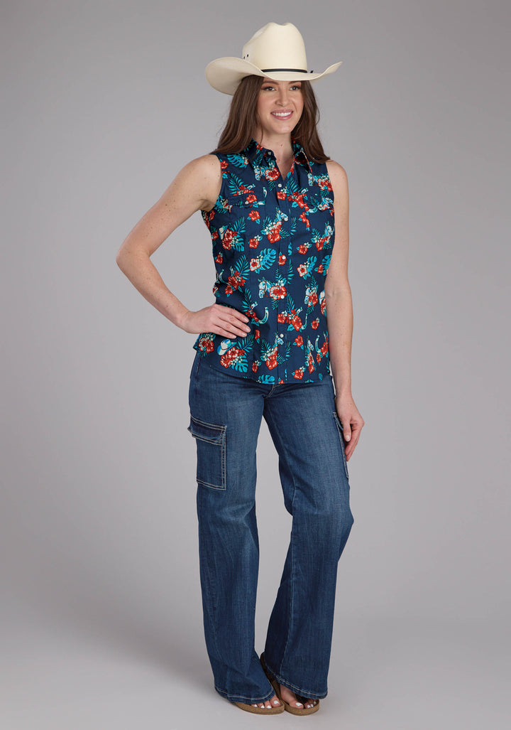 WOMENS HAWAIIAN PRINT SLEEVELESS SNAP WESTERN SHIRT