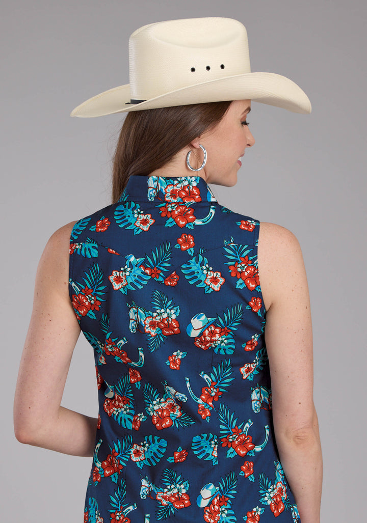 WOMENS HAWAIIAN PRINT SLEEVELESS SNAP WESTERN SHIRT
