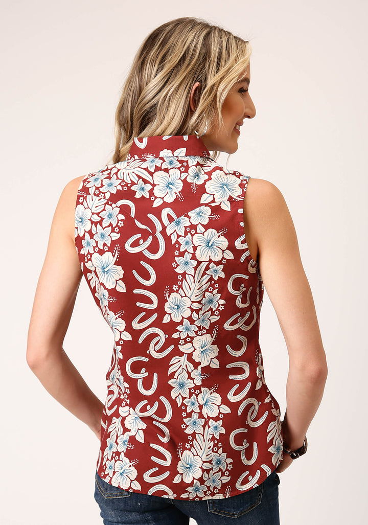 WOMENS SLEEVELESS SNAP HAWAIIAN HORSESHOES PRINT WESTERN SHIRT