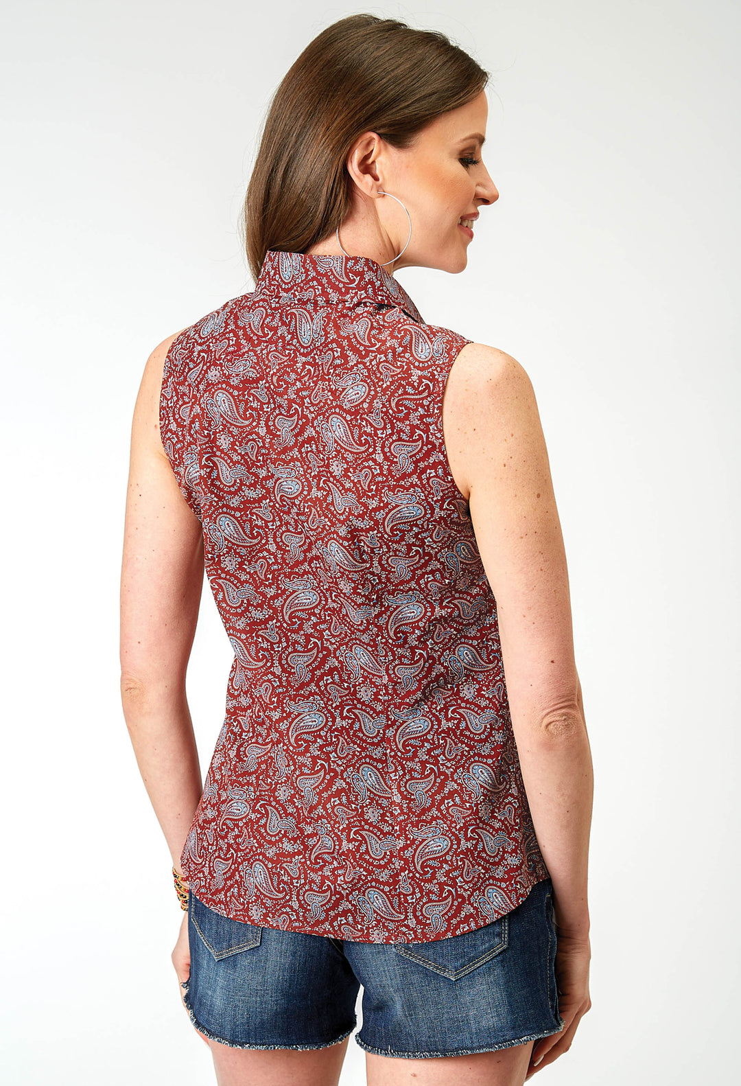WOMENS SLEEVELESS SNAP VINTAGE PAISLEY PRINT TOP